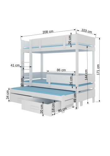 Poschodová posteľ pre tri deti ETAPO 200 x 90 cm